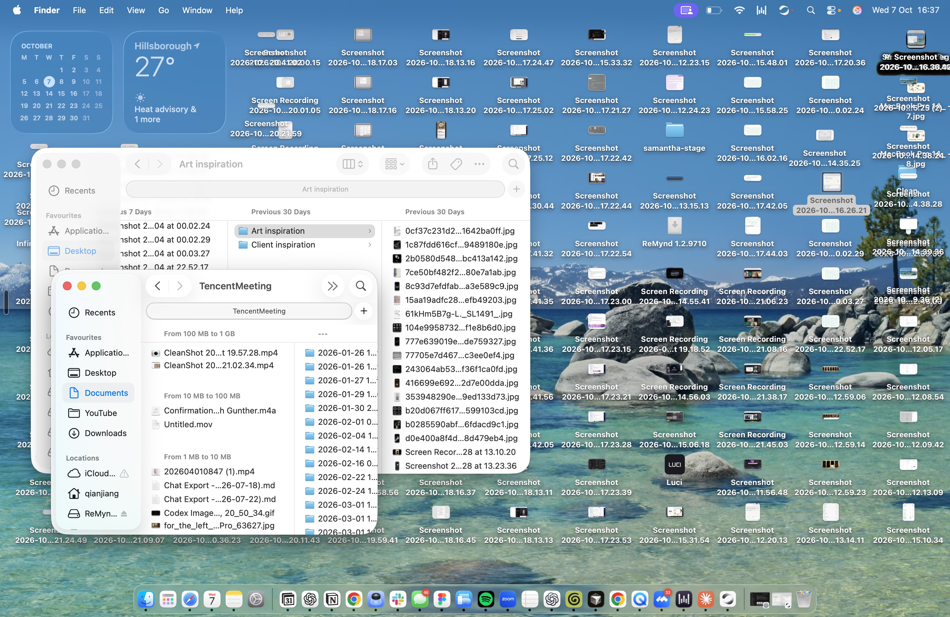 A desktop filled with scattered screenshots, recordings and Finder windows.