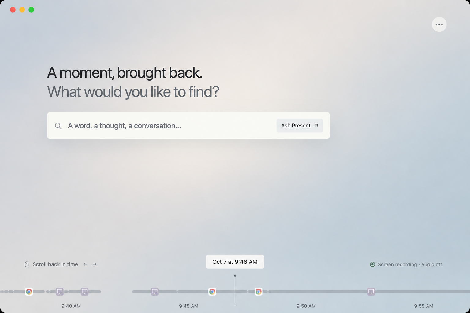 Present homepage with the original moodboard’s soft fog, warm stone and blue-gray gradient, and red, yellow and green Mac window controls.
